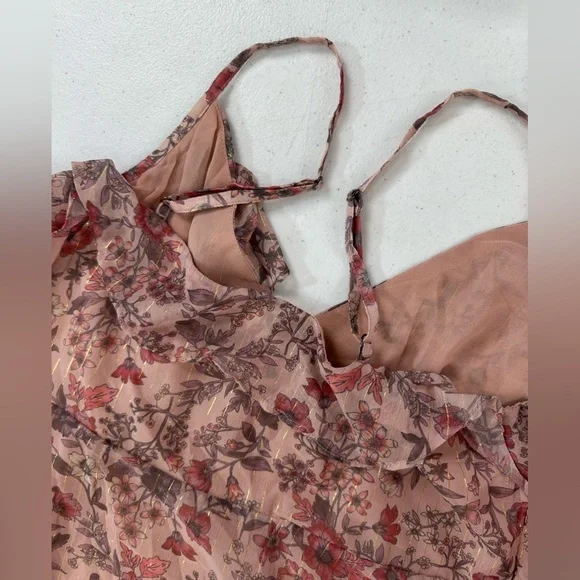 NWT Lucky Brand Women's Ruffled Chiffon Lurex Floral Midi Slip Dress Rose - Picture 13 of 16